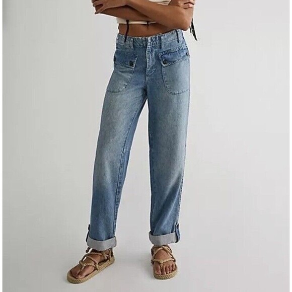 Free People Rory Slim Straight Jeans Wo's 30 Tab Cuff Hems Seamed Button Pockets - Picture 1 of 16